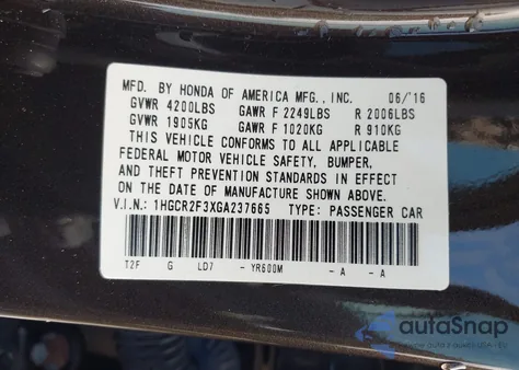 2016 Honda Accord Lx z USA, uszkodzony, nr VIN 1HGCR2F3XGA237665